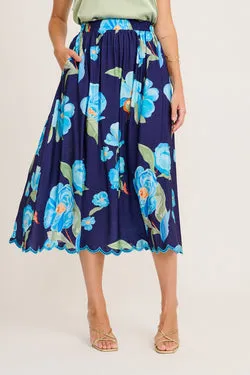 Painted Riveria Maxi Skirt in Navy with Blue Floral