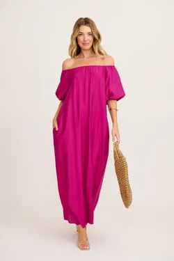 Lyrica Maxi Off Shoulder Dress in Purple Linen Blend