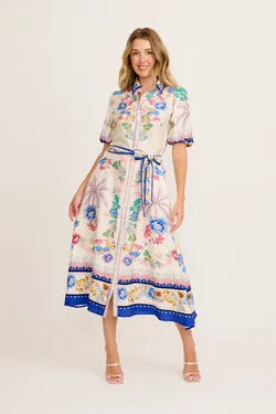 Vandal Maxi Shirt Dress in Cream and Multi Floral Linen Blend