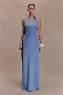 Jade Satin Halter Maxi Dress - Steel Blue