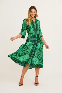 Aurelina Maxi Shirt Dress in Emerald Floral Print Linen Blend