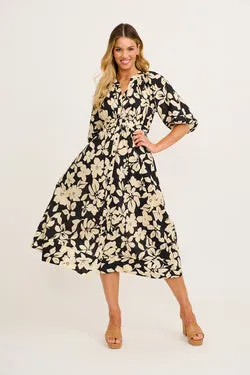 Mimsy Midi Dress in Cream with Black Floral Cotton