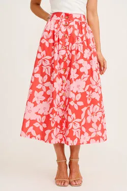 Stylish Structure Maxi Skirt in Red with Pink Floral Cotton