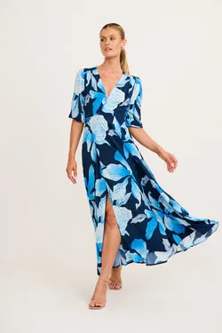 Ronda Maxi Wrap Dress in in Navy with Blue Floral