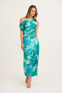 Moon Lily One Shoulder Maxi Dress in Emerald Floral Satin