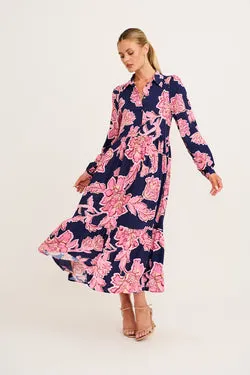 Luxe League Midi Dress in Navy with Pink Floral