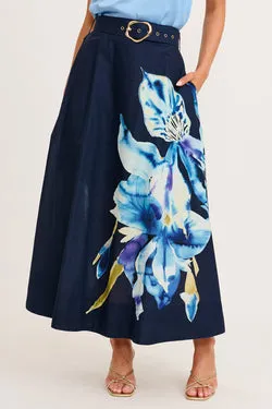 From The Heart Maxi Skirt in Navy with Blue Floral Cotton