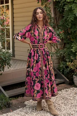 PRE ORDER Midnight Blooms Maxi Dress in Black with Pink Floral Linen Blend