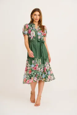 Maeve Midi Dress in Green with Pink Floral