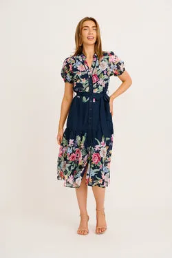 Maeve Midi Dress in Navy with Pink Floral