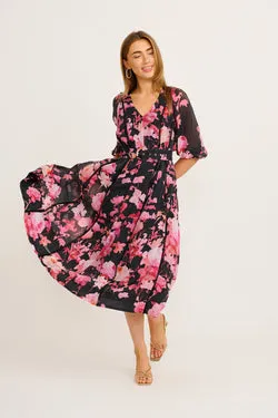 Kenia Maxi Dress in Black with Pink Floral