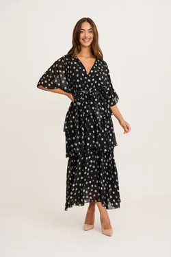 Polished Piece Midi Dress in Black with Cream Polka Dot Chiffon