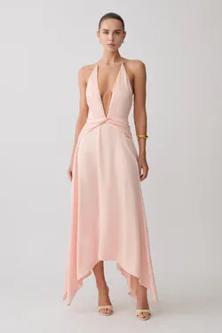 Cyra Plunge Satin Midi Dress - Peach