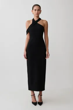 Sable Crossover Crepe Midi Dress - Black