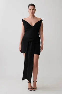 Runa Off Shoulder Mini Dress With Waist Tie - Black
