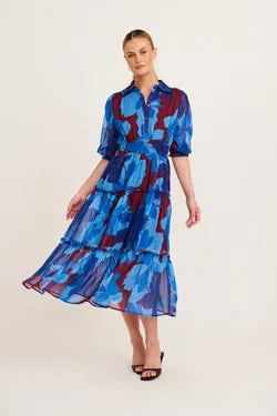 Brittney Midi Dress In Burgundy and Blue Floral Chiffon
