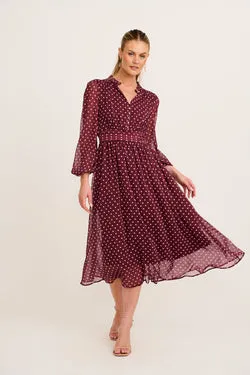 Lustre Midi Dress In Burgundy Polka Dot Chiffon