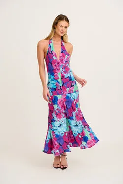 Glaze Halter Neck Maxi Dress in Multi Watercolour Satin