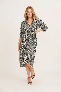Carson Midi Dress in Black and White Swirl Print
