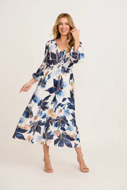 Vallora Maxi Dress in White with Navy Floral