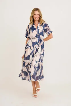 Javi Midi Dress in Navy with Beige Floral