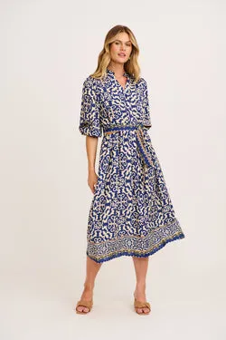 Karra Midi Dress in Navy and Cream Print