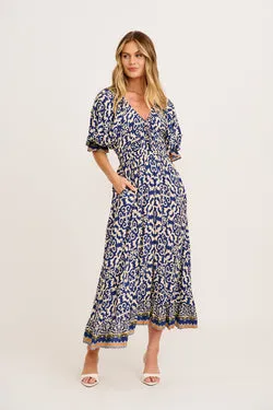 Nona Midi Dress in Navy and Cream Print