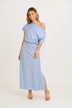 Forever And Always Maxi Off Shoulder Dress in Ice Blue Satin