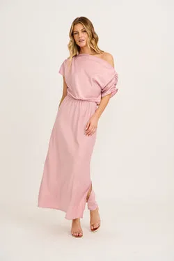 Forever And Always Maxi Off Shoulder Dress in Blush Satin