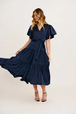 Radiant Petal Midi Dress in Navy Satin