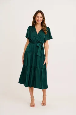 Radiant Petal Midi Dress in Emerald Satin