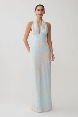 Nadine Halter Scarf Chiffon Maxi Dress - Blue Floral Print