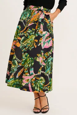 Statement Maxi Skirt in Black with Green Print Cotton Poplin