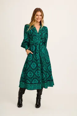Evelina Midi Dress in Black with Emerald Floral