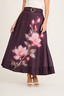 Magnolia Muse Maxi Skirt in Plum with Pink Floral Cotton Blend
