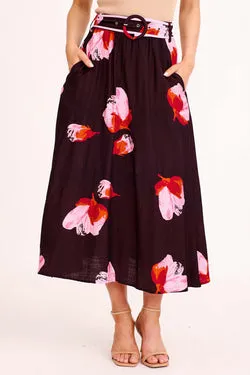 Aurora Radiance Maxi Skirt in Chocolate with Pink Floral Linen Blend