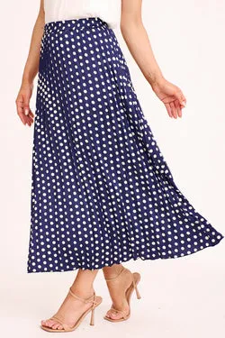 Paulette Maxi Pleat Skirt in Navy Polka Dot Satin