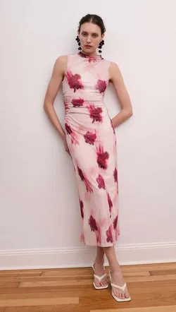 Pink Floral Sleeveless Mesh Midi Dress