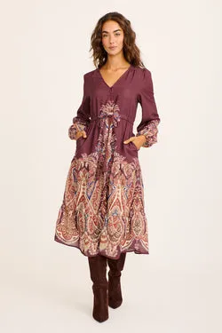 Elody Midi Dress in Plum Floral Linen Blend