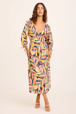 Lucianna Midi Dress in Navy Multi Leaf Print Cotton