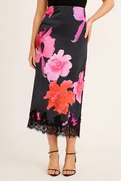 Cosmina Maxi Skirt in Black with Pink Floral Satin