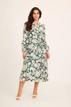 Delya Maxi Dress in Emerald with Cream Print Linen Blend