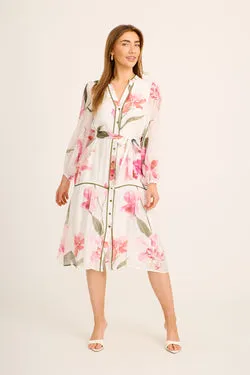 Delya Midi Dress in White with Blush Pink Floral