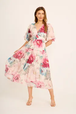 Amalie Midi Dress In Cream with Pink Floral