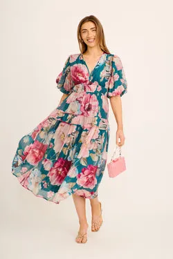 Amalie Midi Dress In Teal with Pink Floral