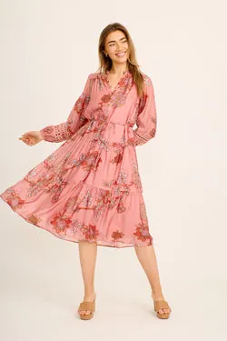 Hyacinth Midi Dress in Pink with Rust Multi Print