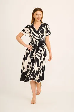 Joella Midi Dress in Black and Beige Print