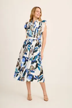 Leora Midi Dress in White with Navy Floral Cotton