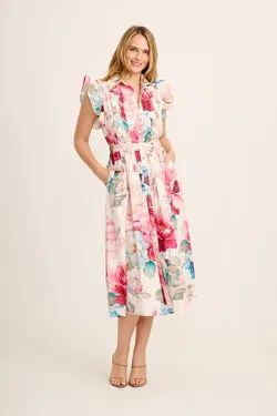 Leora Midi Dress in White with Pink Floral Cotton
