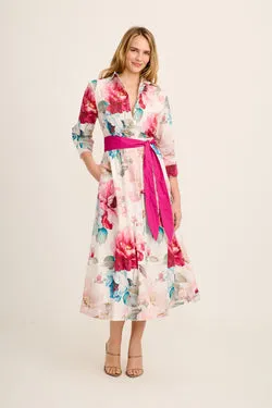 Calyx Midi Dress in White with Pink Floral Cotton